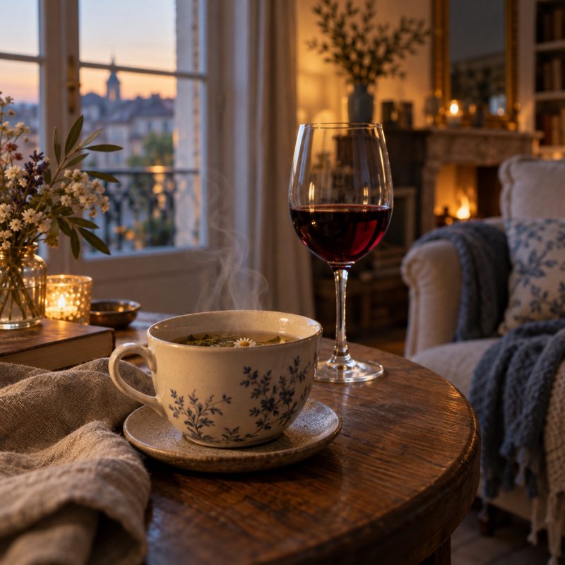 Un verre de vin et une tisane sur une petite table, le soir